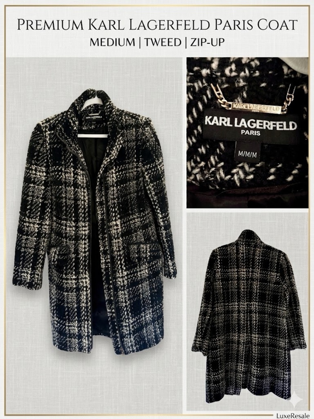 Karl Lagerfeld Black & White Bouclé Tweed Blazer